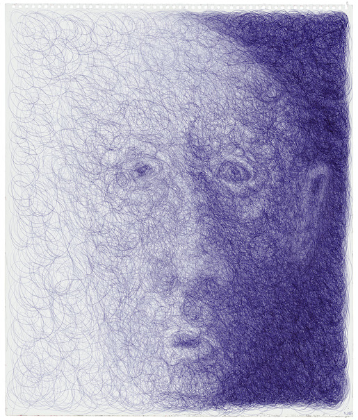 Karl Baudelere, Lui bleu, 2014, stylo à bille sur papier, 55 x 46 cm photo : AN – Collection de l’Art Brut, Lausanne